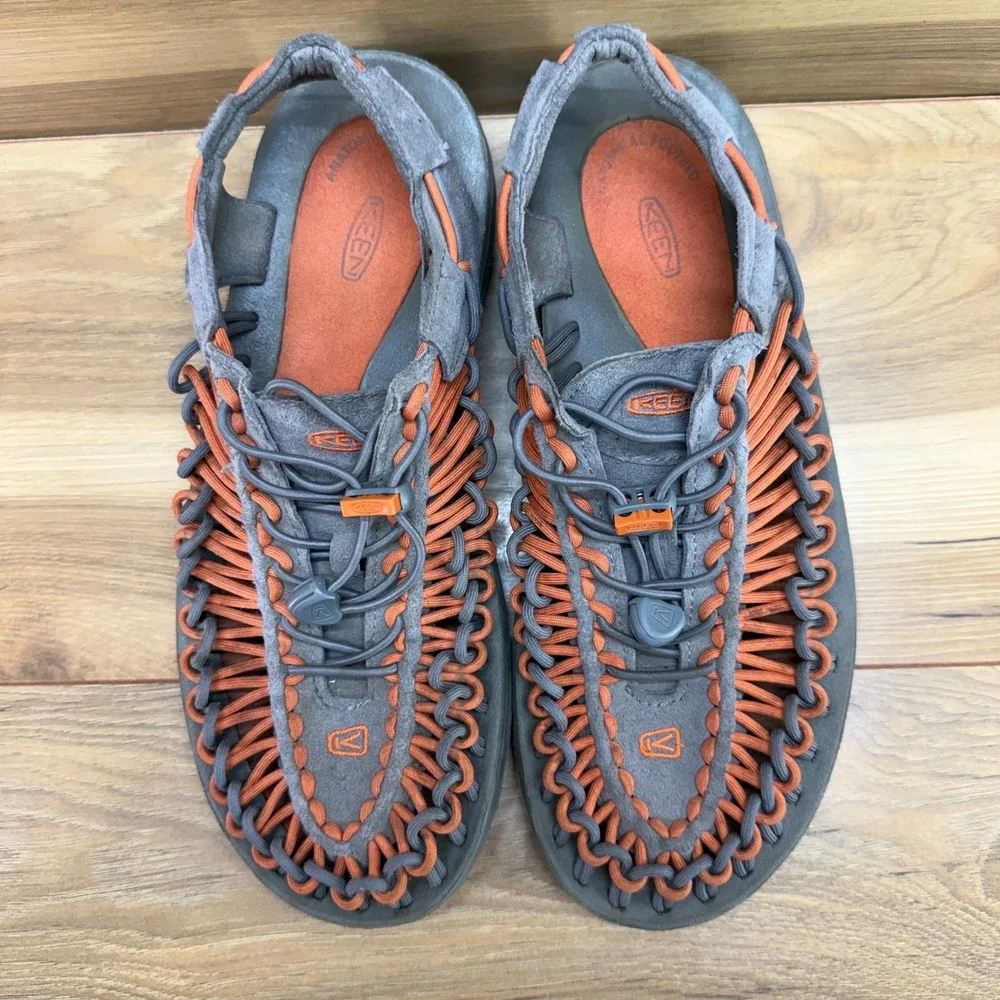 Keen Uneek Rope Slip On Sandals Mens 8.5 Orange Gray Travel Vacation Trail